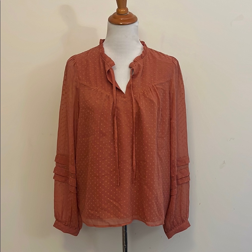 Loft New Rust Swiss Dot Ruffle Boho Tie-Neck Blouse Size Large